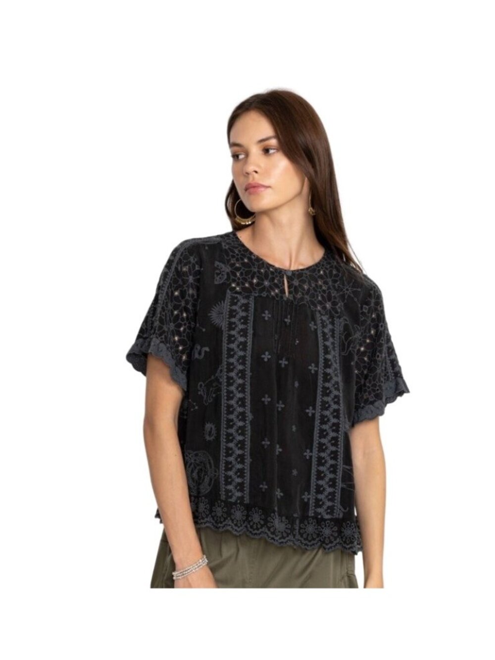 Johnny Was Mystic Compass Embroidered Blouse Women’s XS Black Boho Top Rayon